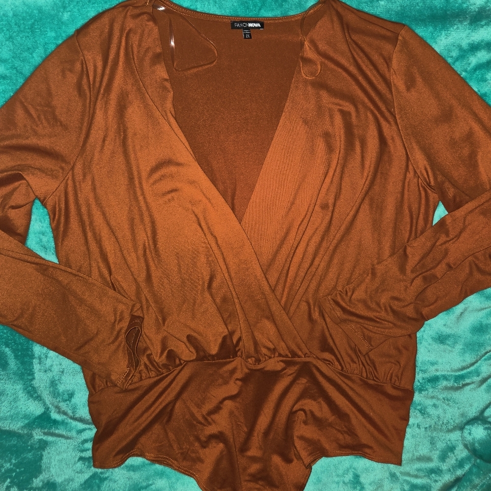 Fashion Nova Copper Deep V wrap Bodysuit